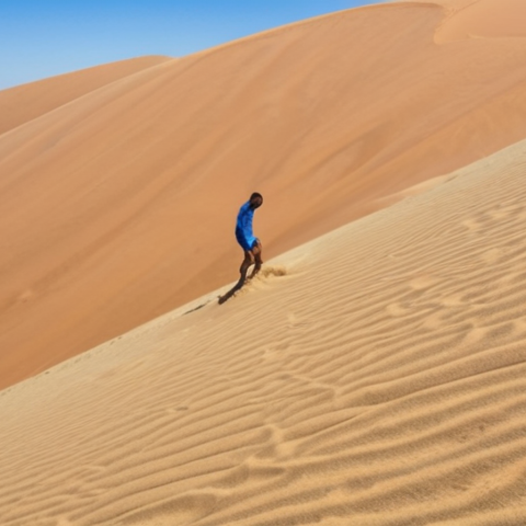 **Sand Surfing Experience**: Create an image of a person standing on top of a large sand dune in Botswana, looking down with excitement. The scene should capture the vast desert landscape with a blue sky, highlighting the thrill of sand surfing.