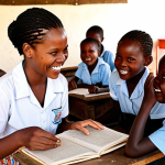 **

A photo of a cheerful volunteer teaching children in a rural Botswana school. The children are smiling and engaged, using colorful learning materials. The scene should evoke a sense of warmth, hope, and cross-cultural connection. Focus on capturing the spirit of education and community development. The setting should look authentic and reflect the local environment.

**